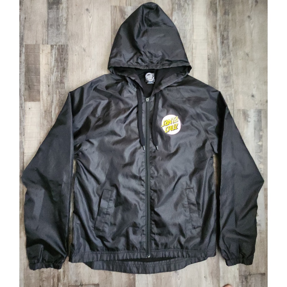 Santa Cruz Windbreaker Jacket Mens Medium Black Hooded Logo Skateboarding Zip Up